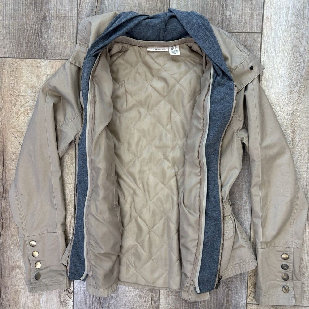 DKNY Womens Utility Layered Hooded Jacket Tan Khaki Sz S Gorpcore Field Military - Picture 10 of 16